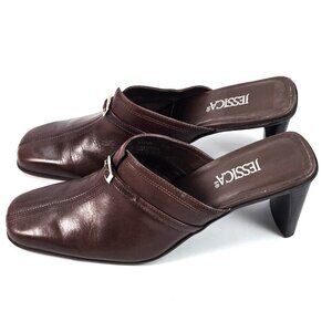 Jessica Brandi Mule Heels 7.5 Brown Leather Buckle Square Toe Made in Brazil